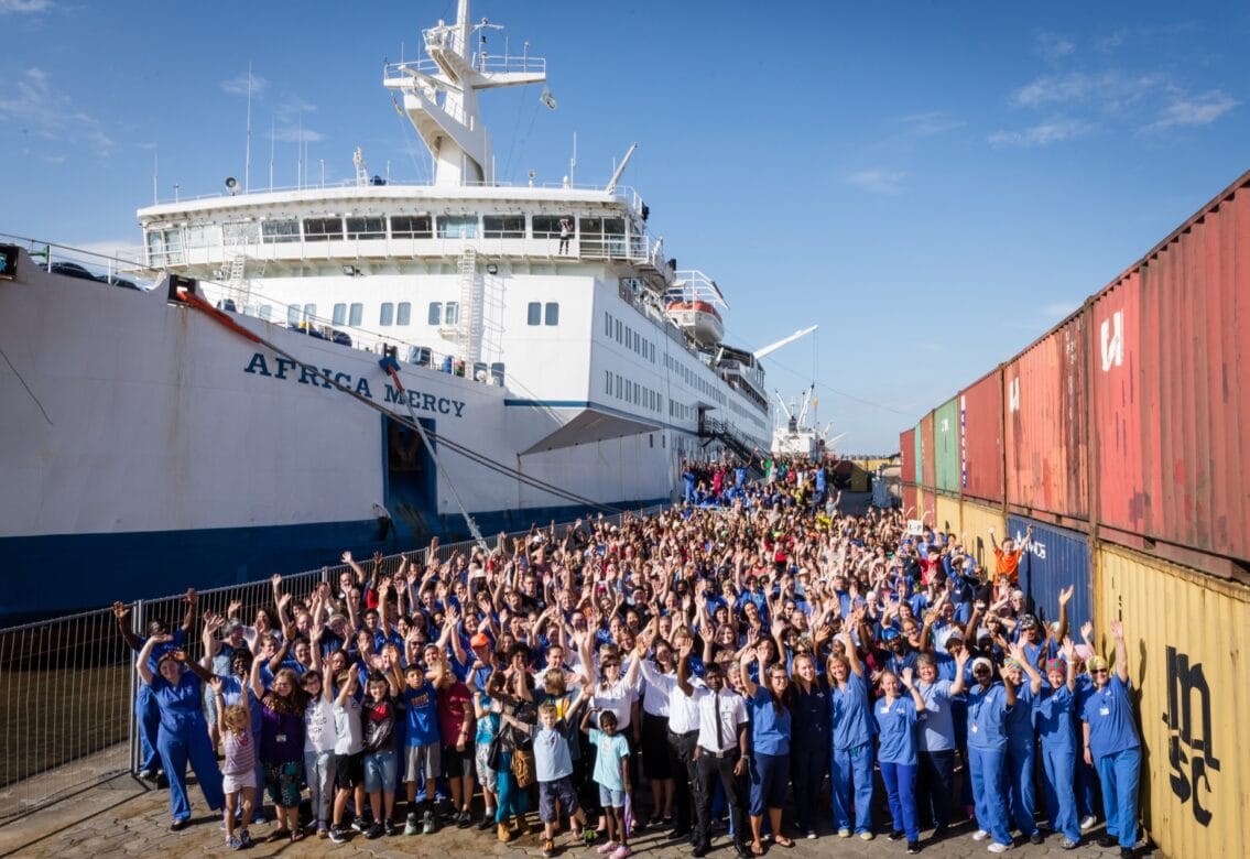 The Africa Mercy crew gathered together down on the dock for a picture to celebrate the International Charity Day